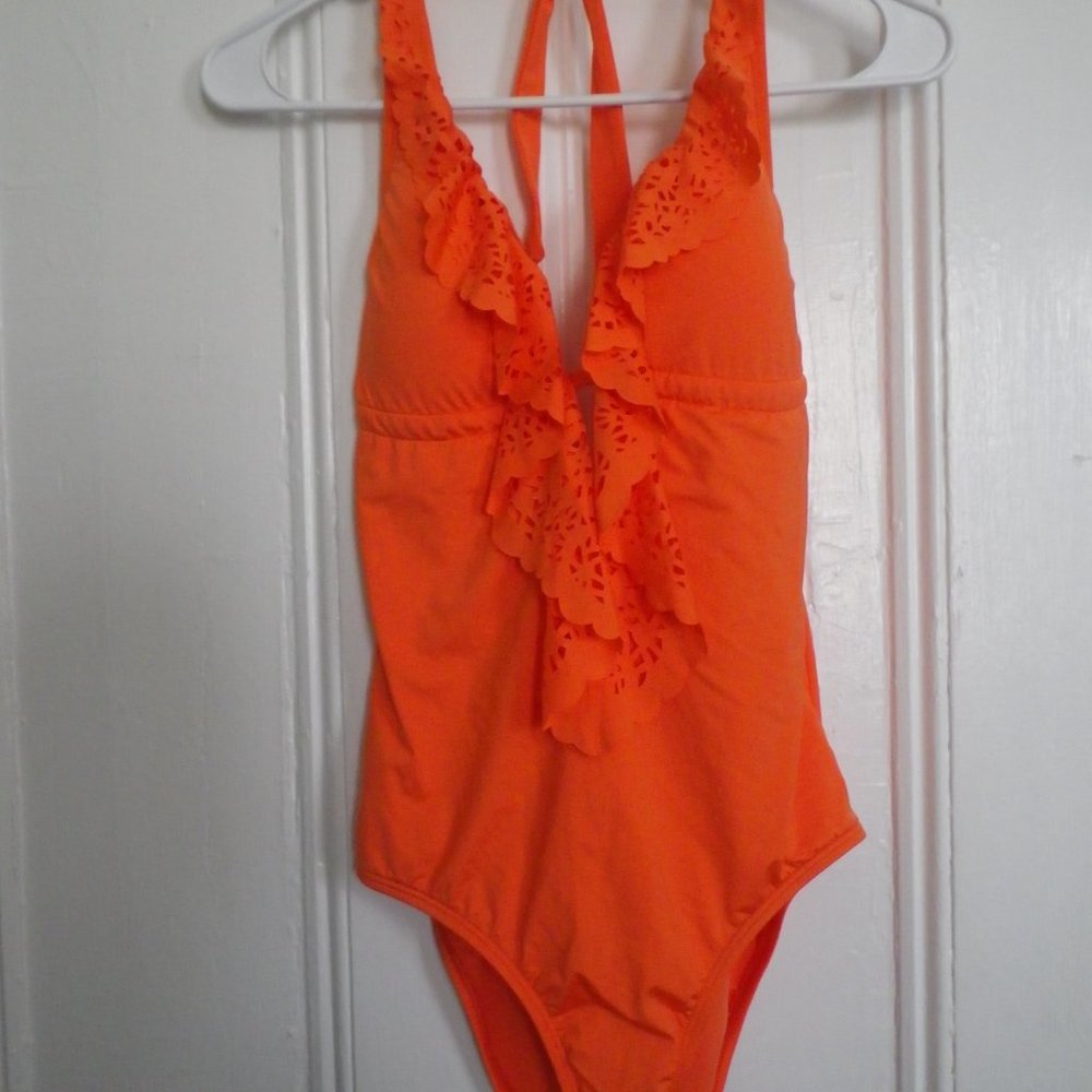 Laundry by Shelli Segal ruffle front orange one piece, XS